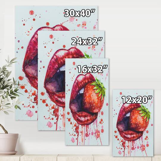 Designart - Red Woman Lips Eating A Strawberry
